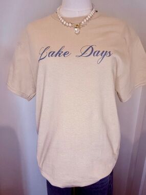 Lake Days Graphic Tee in Cream with Blue Script